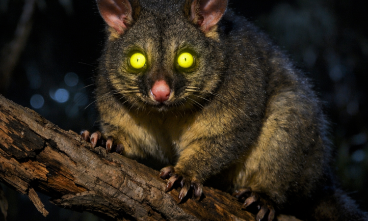 Brushtail possum with glowing eyes during night wildlife spotting on Kangaroo Island