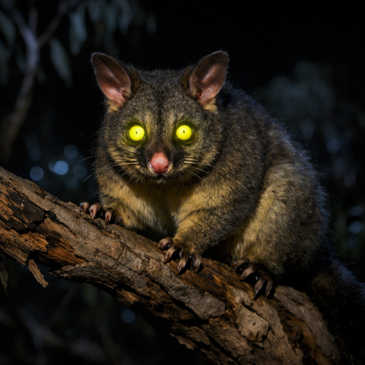 Brushtail possum with glowing eyes during night wildlife spotting on Kangaroo Island