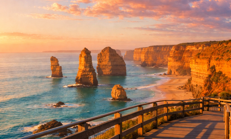 Twelve Apostles at sunrise on Great Ocean Road with golden light on limestone stacks