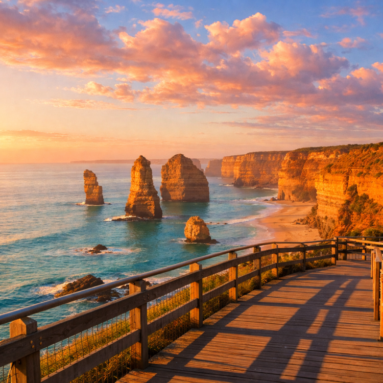 Twelve Apostles at sunrise on Great Ocean Road with golden light on limestone stacks