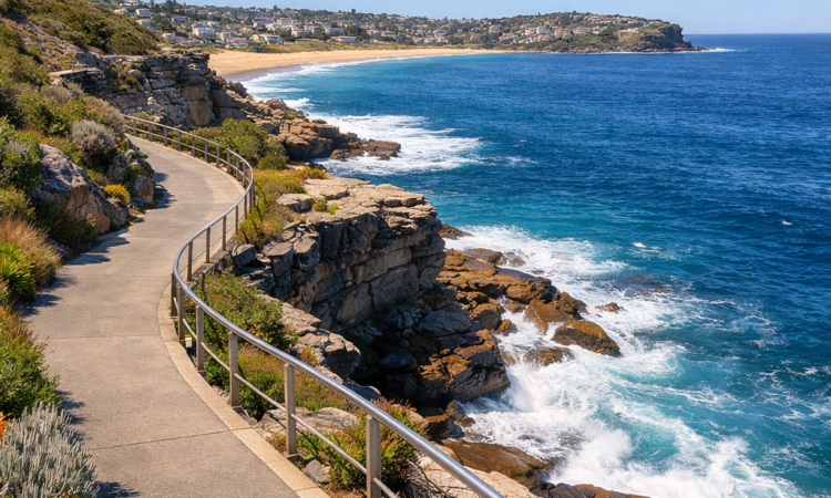 Clifftop walking path on the Bondi to Bronte walk with ocean views and sandstone cliffs