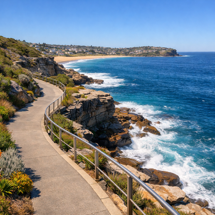 Clifftop walking path on the Bondi to Bronte walk with ocean views and sandstone cliffs