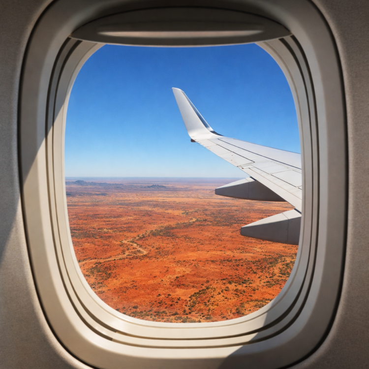Aerial view of red Australian outback from airplane window while flying between cities