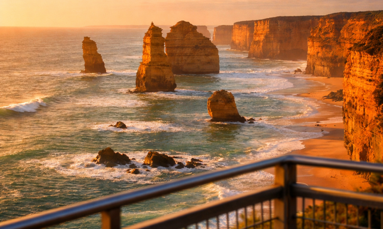 Twelve Apostles limestone stacks glowing in golden sunrise light along Great Ocean Road Victoria