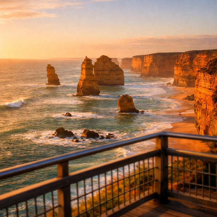 Twelve Apostles limestone stacks glowing in golden sunrise light along Great Ocean Road Victoria