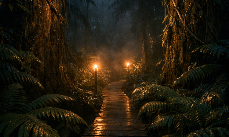 Boardwalk through Daintree Rainforest at night with torchlight illuminating tropical vegetation