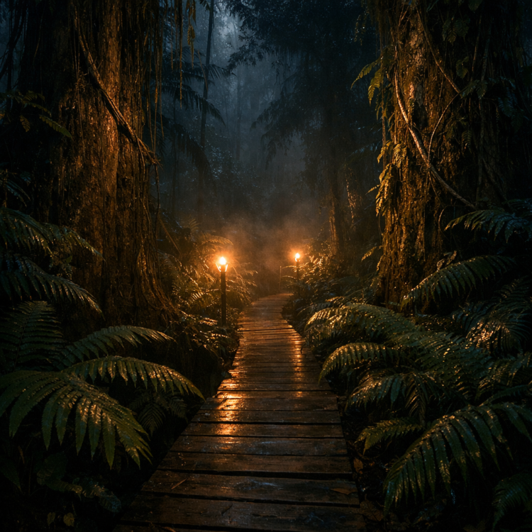 Boardwalk through Daintree Rainforest at night with torchlight illuminating tropical vegetation