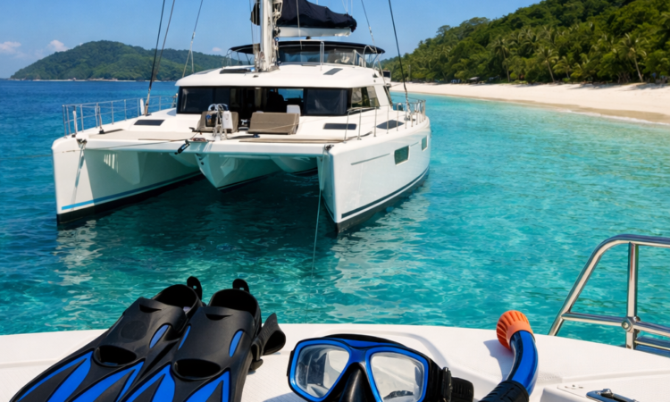 Sailing catamaran anchored near Whitehaven Beach during Whitsundays sailing tour