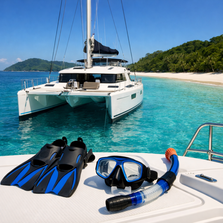 Sailing catamaran anchored near Whitehaven Beach during Whitsundays sailing tour