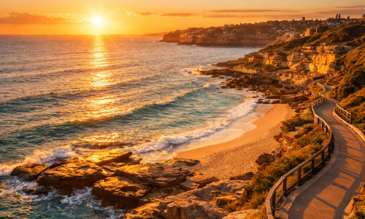 Sunrise over Sydney's coastal walk from Bondi to Coogee with golden clifftop trail and ocean