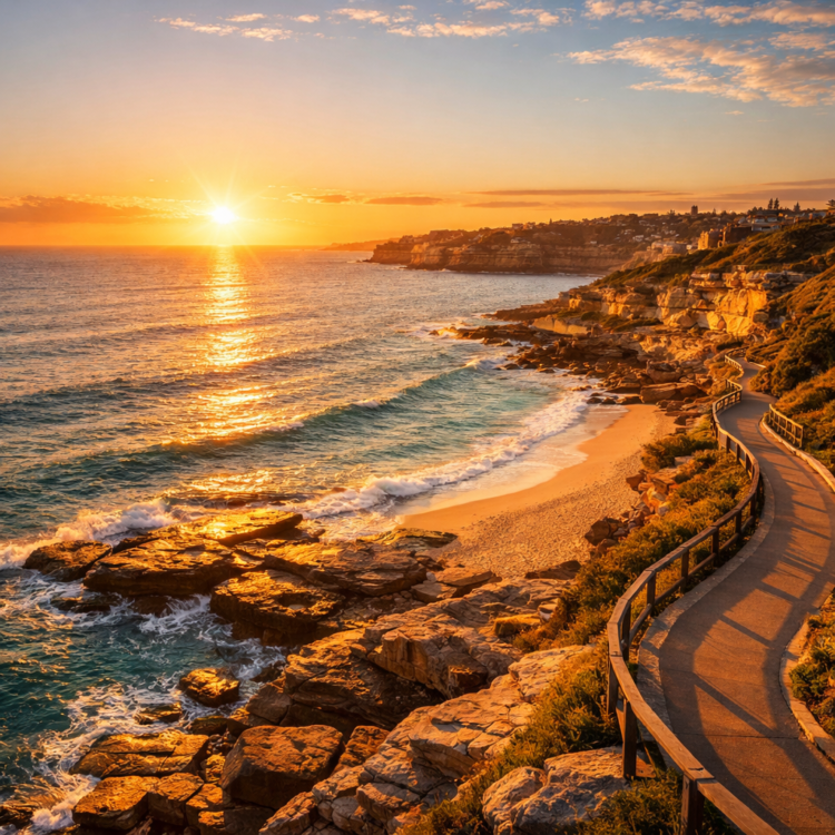 Sunrise over Sydney's coastal walk from Bondi to Coogee with golden clifftop trail and ocean