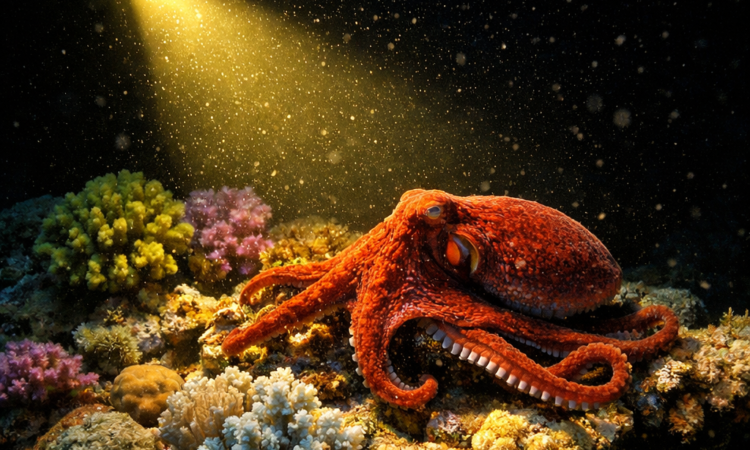 Night diving Great Barrier Reef with torch illuminating coral and nocturnal marine life