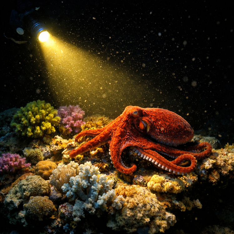 Night diving Great Barrier Reef with torch illuminating coral and nocturnal marine life