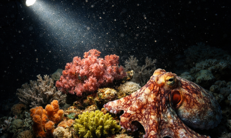 Night diving Great Barrier Reef with torch illuminating coral and marine life