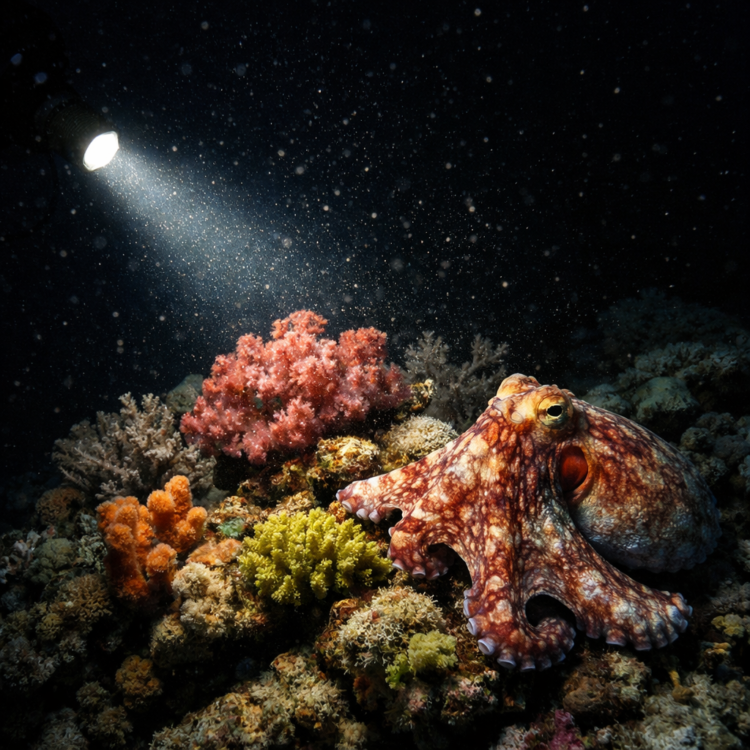 Night diving Great Barrier Reef with torch illuminating coral and marine life