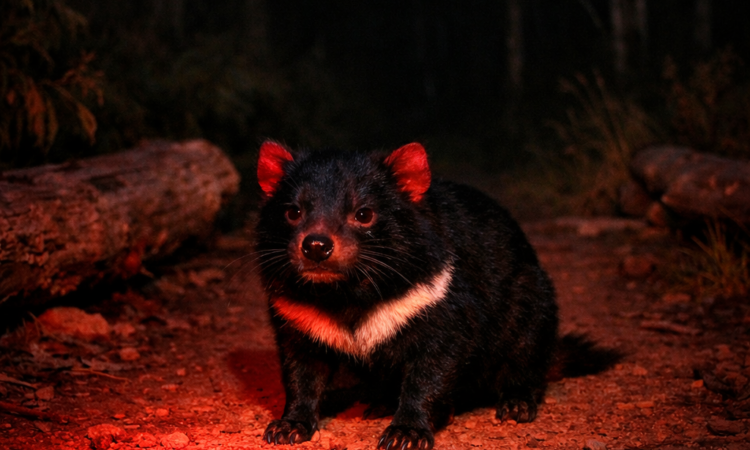 Tasmanian devil at night in wilderness, tracking wildlife in Tasmania forests