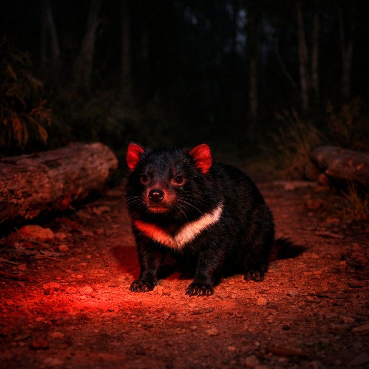 Tasmanian devil at night in wilderness, tracking wildlife in Tasmania forests