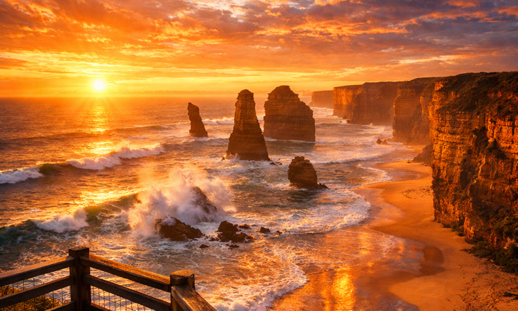Golden hour light illuminating the Twelve Apostles limestone stacks on Victoria's Great Ocean Road