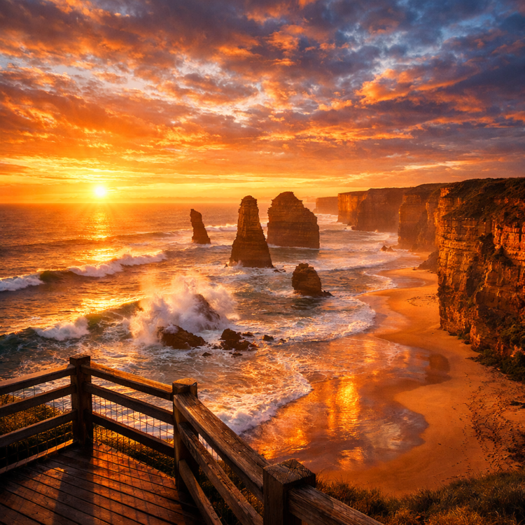 Golden hour light illuminating the Twelve Apostles limestone stacks on Victoria's Great Ocean Road