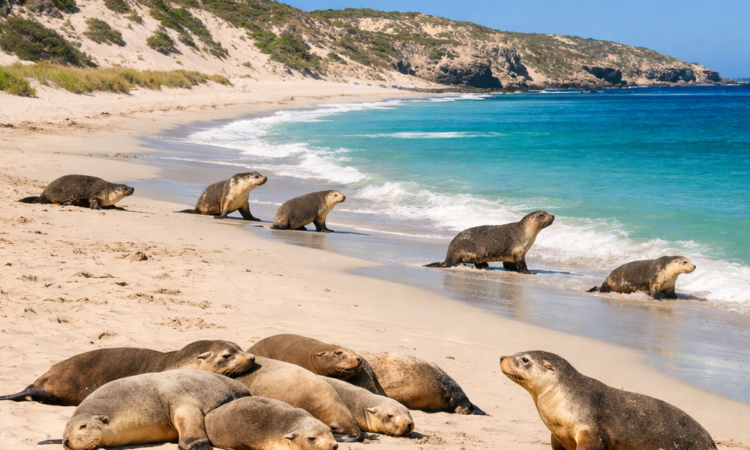 Australian sea lions resting on a sandy beach at Kangaroo Island, South Australia