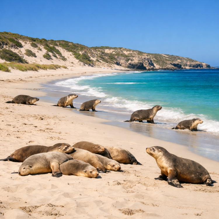 Australian sea lions resting on a sandy beach at Kangaroo Island, South Australia