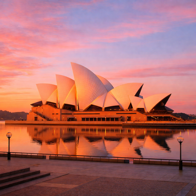 Sydney Opera House at sunrise with golden light on white sails and harbour reflections