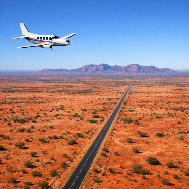 Aerial view of plane flying over vast Australian outback highlighting travel distances between destinations