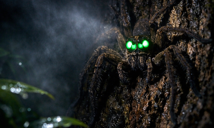Spider eyeshine reflecting in torchlight during Daintree Rainforest night walk