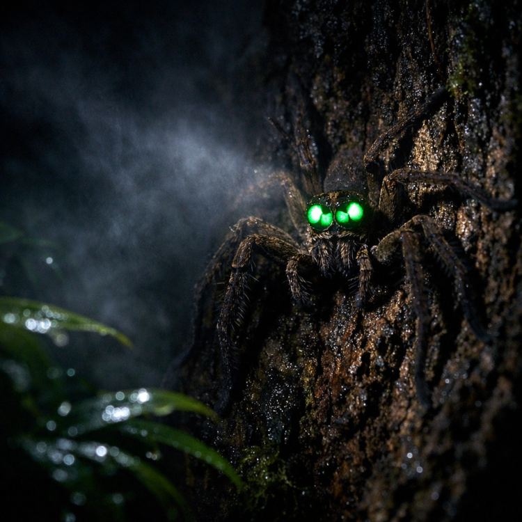 Spider eyeshine reflecting in torchlight during Daintree Rainforest night walk