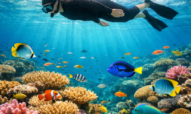 Snorkeller floating above colourful coral and fish on the Great Barrier Reef in Queensland