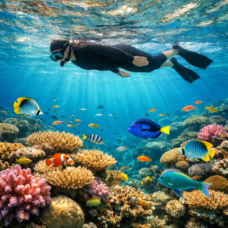 Snorkeller floating above colourful coral and fish on the Great Barrier Reef in Queensland