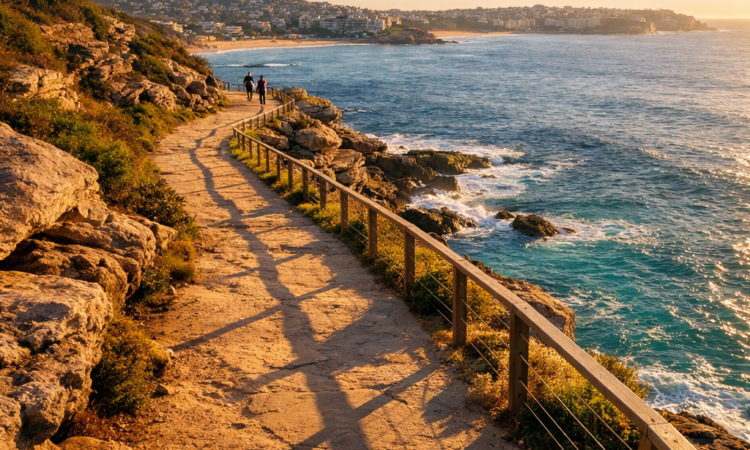 Early morning light on the Bondi to Coogee coastal walk with empty path and ocean views