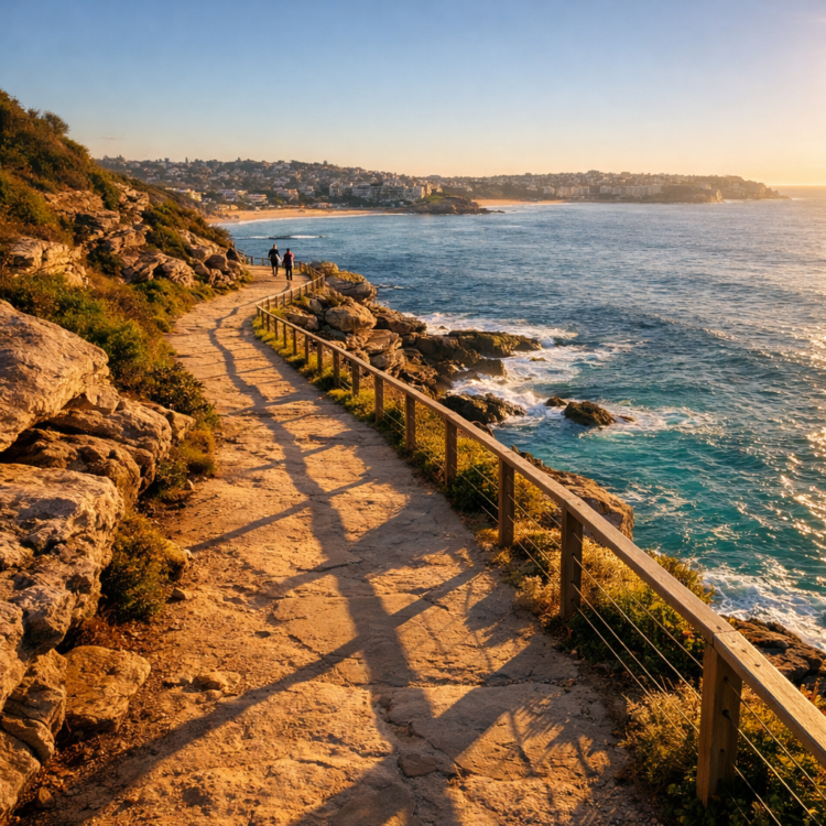 Early morning light on the Bondi to Coogee coastal walk with empty path and ocean views