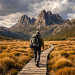 Hiker on boardwalk through button grass with mountains, Overland Track Tasmania