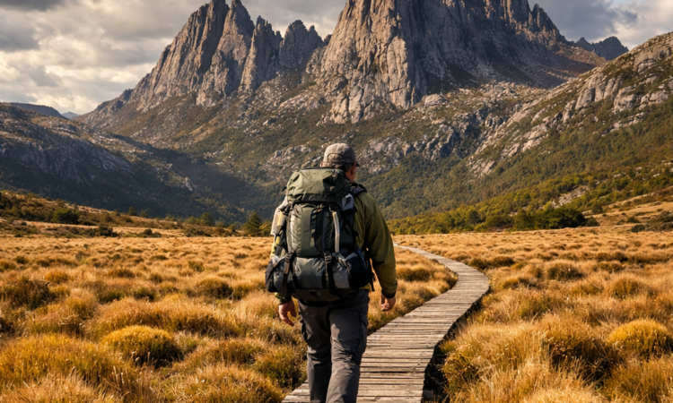 Hiker on boardwalk through button grass with mountains, Overland Track Tasmania
