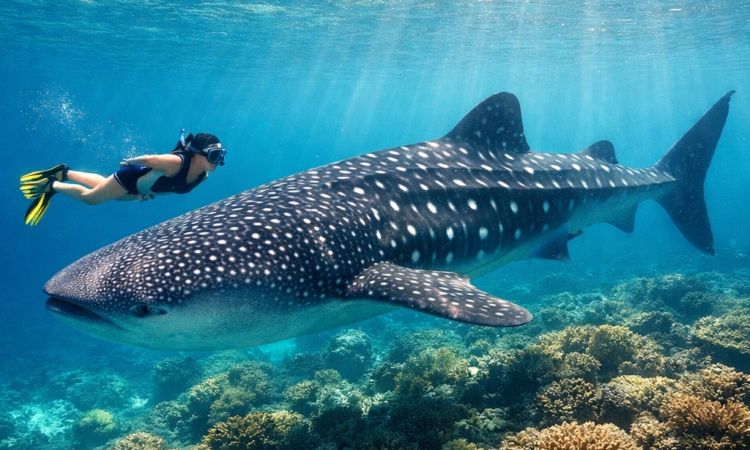 Snorkeler swimming beside whale shark at Ningaloo Reef in clear blue water