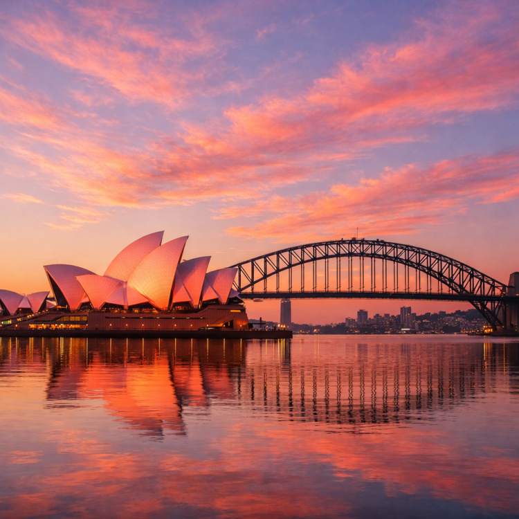 Sydney Opera House at sunrise with pink-tinted sails reflected in calm harbour waters