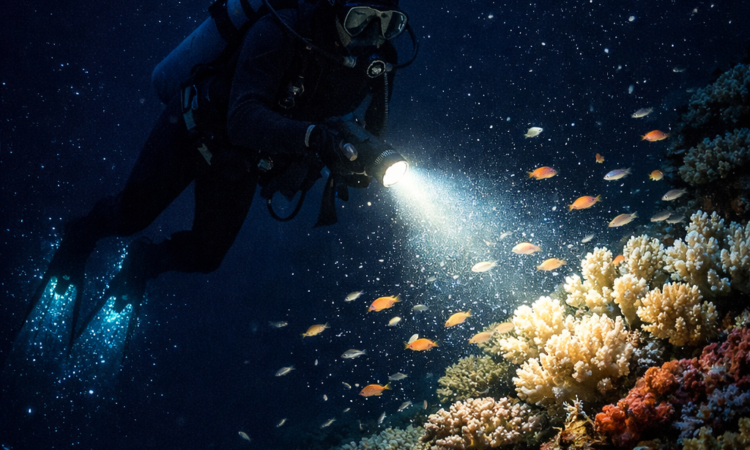 Night diving the Great Barrier Reef with torch illuminating coral and nocturnal marine life