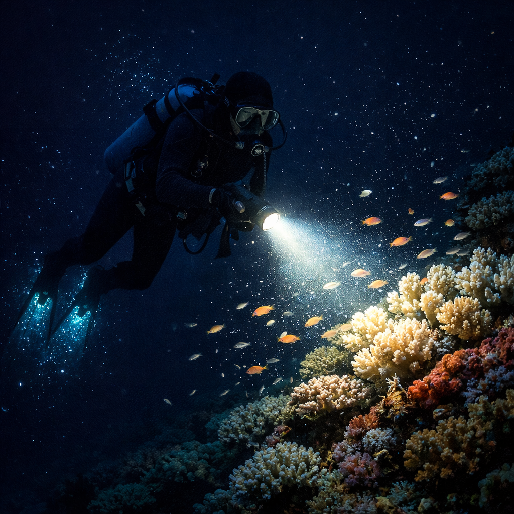Night diving the Great Barrier Reef with torch illuminating coral and nocturnal marine life