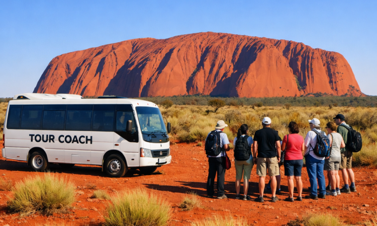 Tour bus at Uluru with Red Centre landscape and sandstone monolith in background