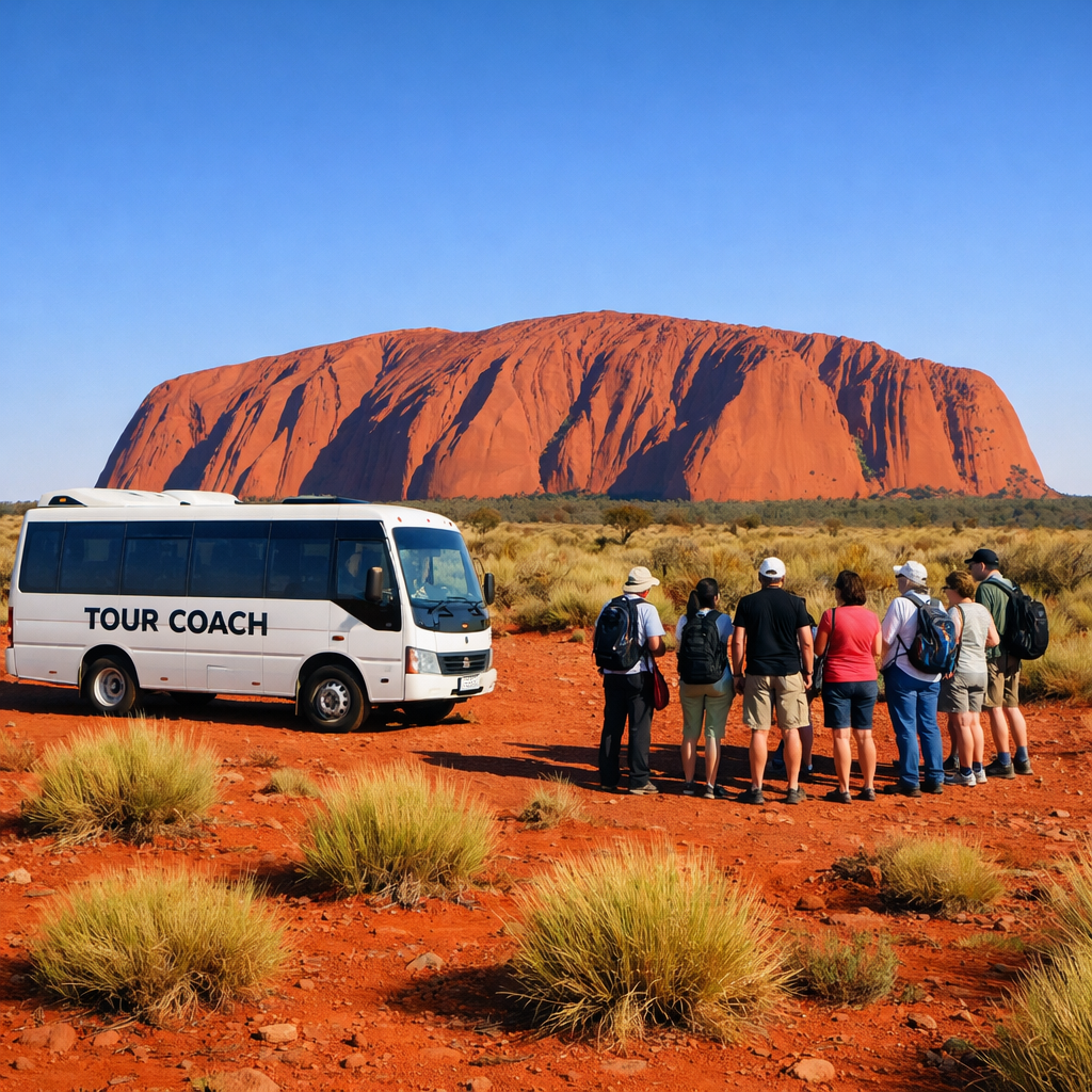 Tour bus at Uluru with Red Centre landscape and sandstone monolith in background