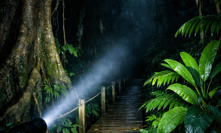 Torchlight illuminating boardwalk through Daintree Rainforest at night with dense tropical vegetation