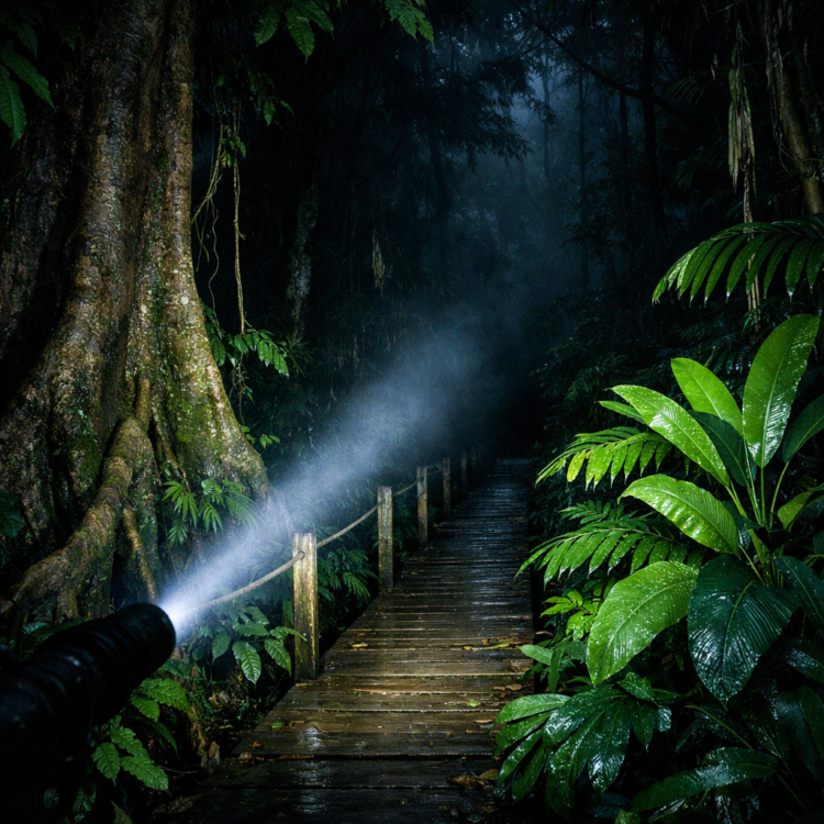 Torchlight illuminating boardwalk through Daintree Rainforest at night with dense tropical vegetation