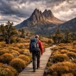 Hiker on boardwalk approaching Cradle Mountain on the Overland Track, Tasmania wilderness
