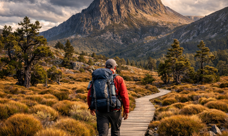 Hiker on boardwalk approaching Cradle Mountain on the Overland Track, Tasmania wilderness