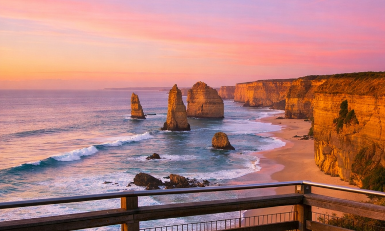 Sunrise at the Twelve Apostles on the Great Ocean Road with golden light on limestone stacks